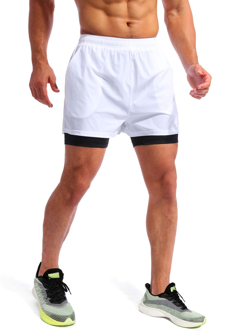Pudolla Menâ€™s 2 in 1 Running Shorts 5" Quick Dry Gym Athletic Workout Shorts for Men with Phone Pockets(White Medium) - Image 3